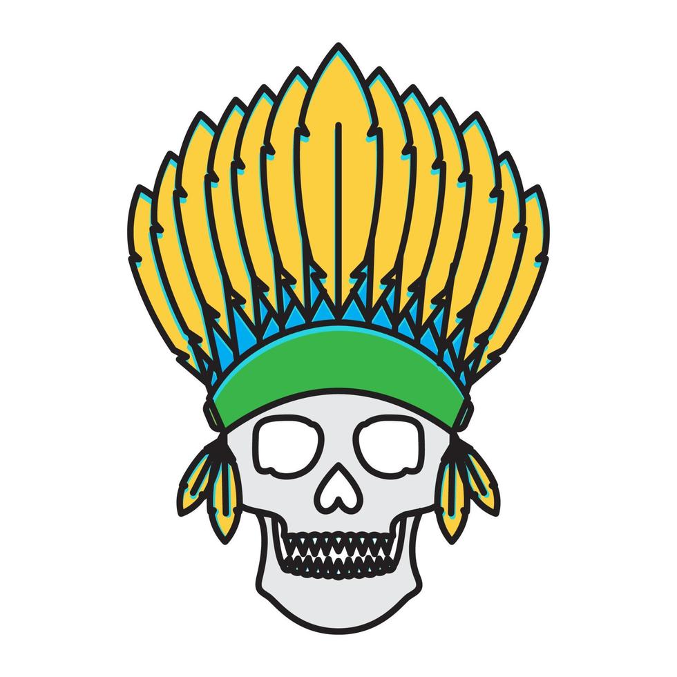 cráneo colorido con tocado tribal plumas logotipo indio diseño vector icono símbolo ilustración gráfica