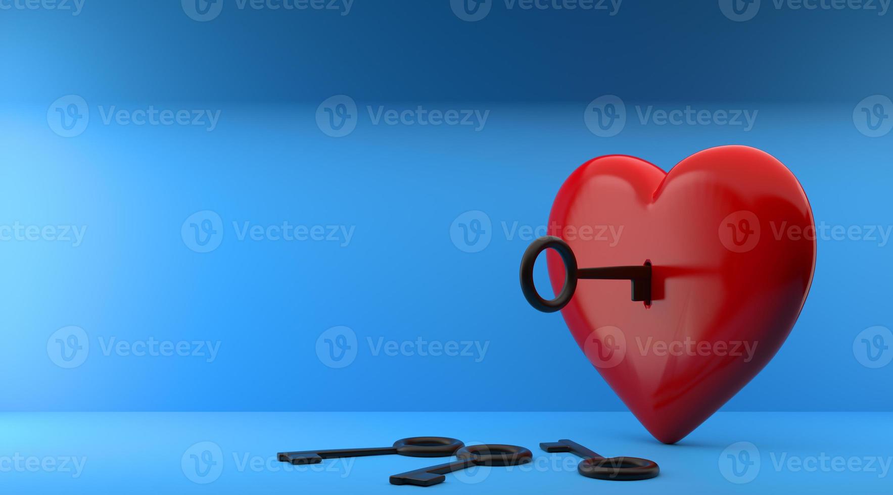 Valentines Day background, romantics wallpaper for love day. a heart with a key. copy space. 3D image, 3D rendering photo