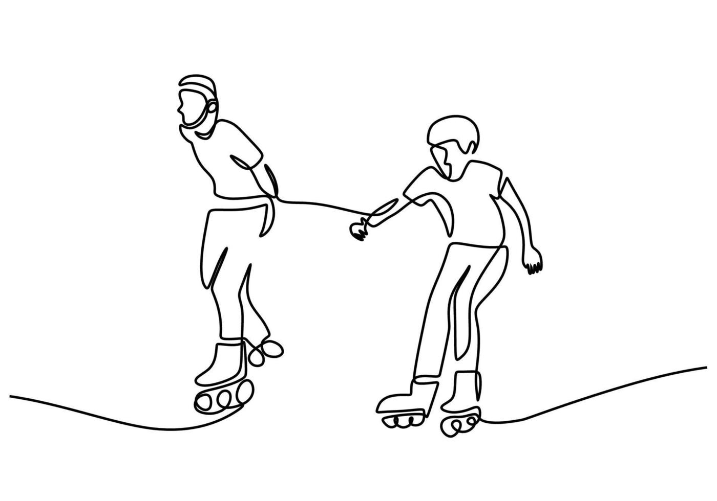 una sola línea continua de padre jugando patines con su hijo vector