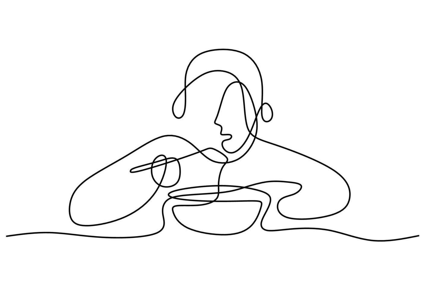 One continuous single line man or girl eating noodle with chopsticks vector