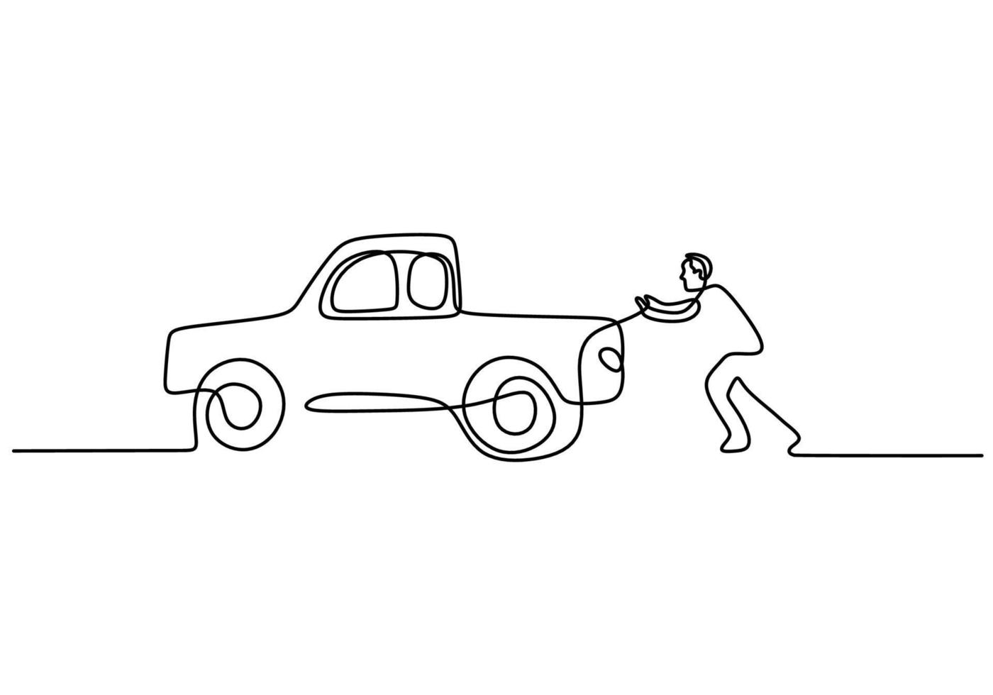 One continuous single line of man pushing big truck vector