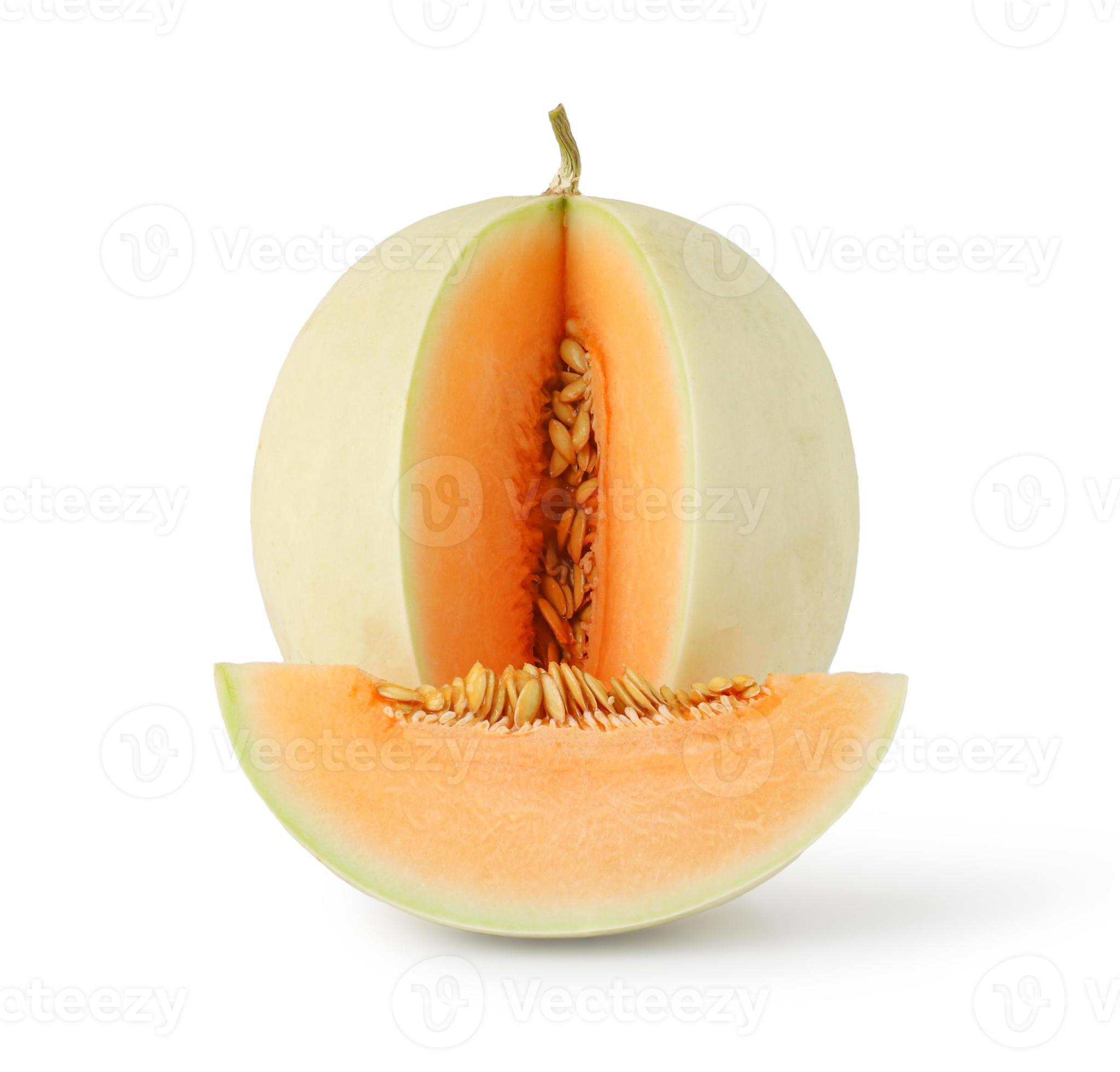 Whole and sliced of Japanese melons isolated on white background, honey melon or cantaloupe or