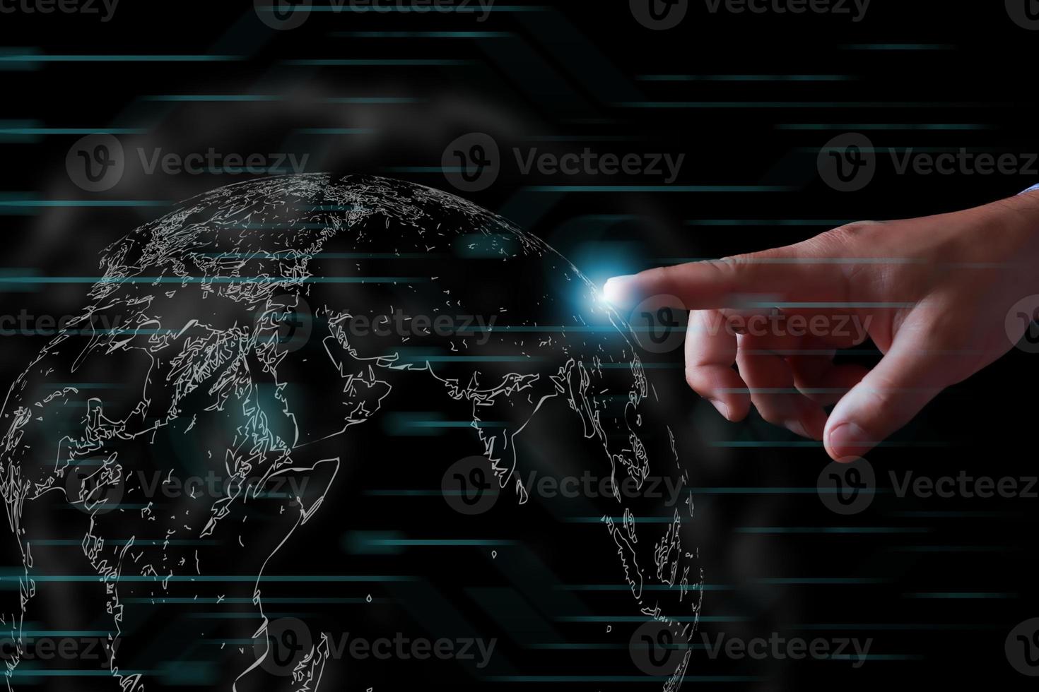 Businessman hand touching global network and data exchanges over the world 3D rendering photo