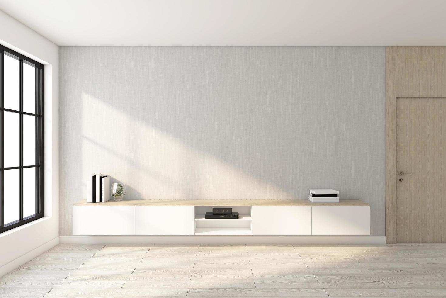 habitación minimalista con mueble de televisión y pared gris, suelo de madera. representación 3d foto