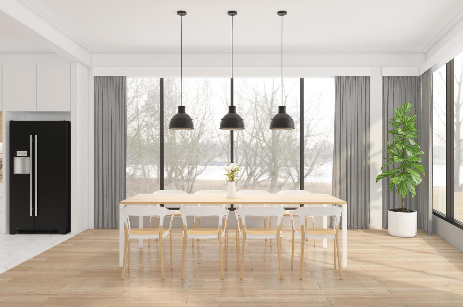 comedor minimalista con piso de madera. representación 3d foto