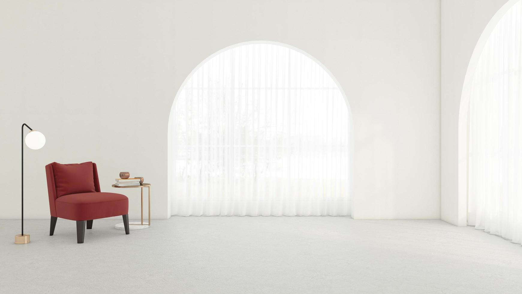 salón minimalista con ventanas y cortinas blancas, sofá y sillón, suelo de  madera. representación 3d 6653198 Foto de stock en Vecteezy