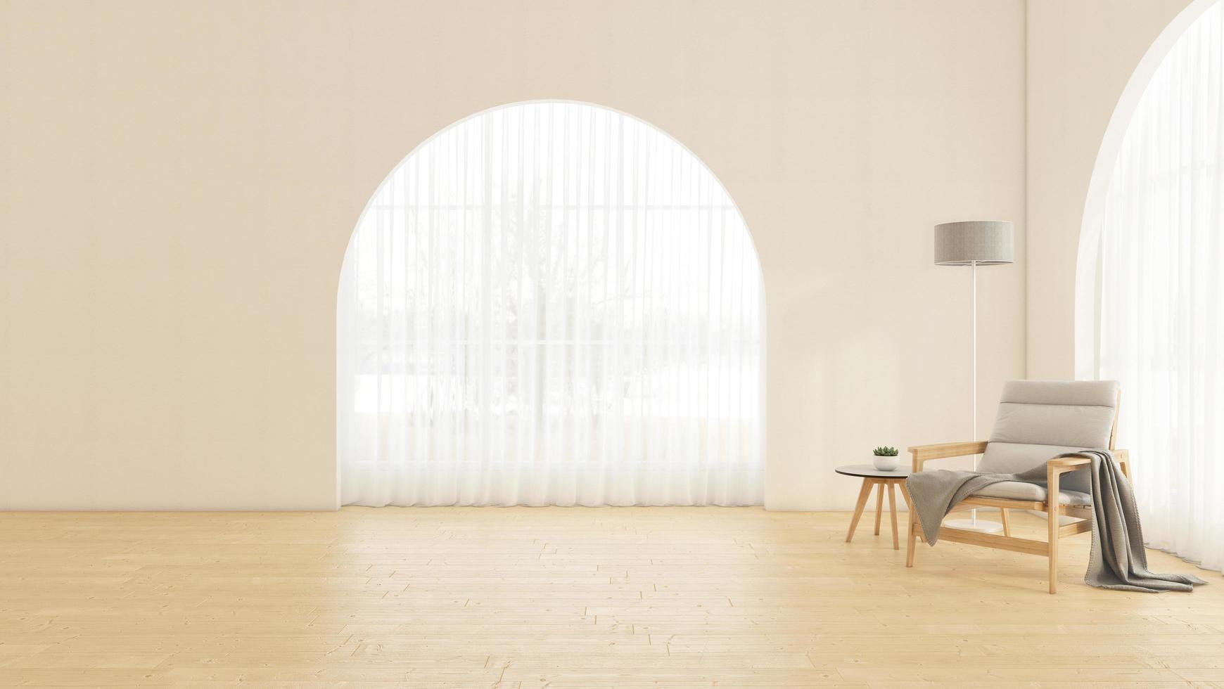 Empty room with arched window and white wall, Minimalist armchair and side table, floor lamp. 3D rendering photo