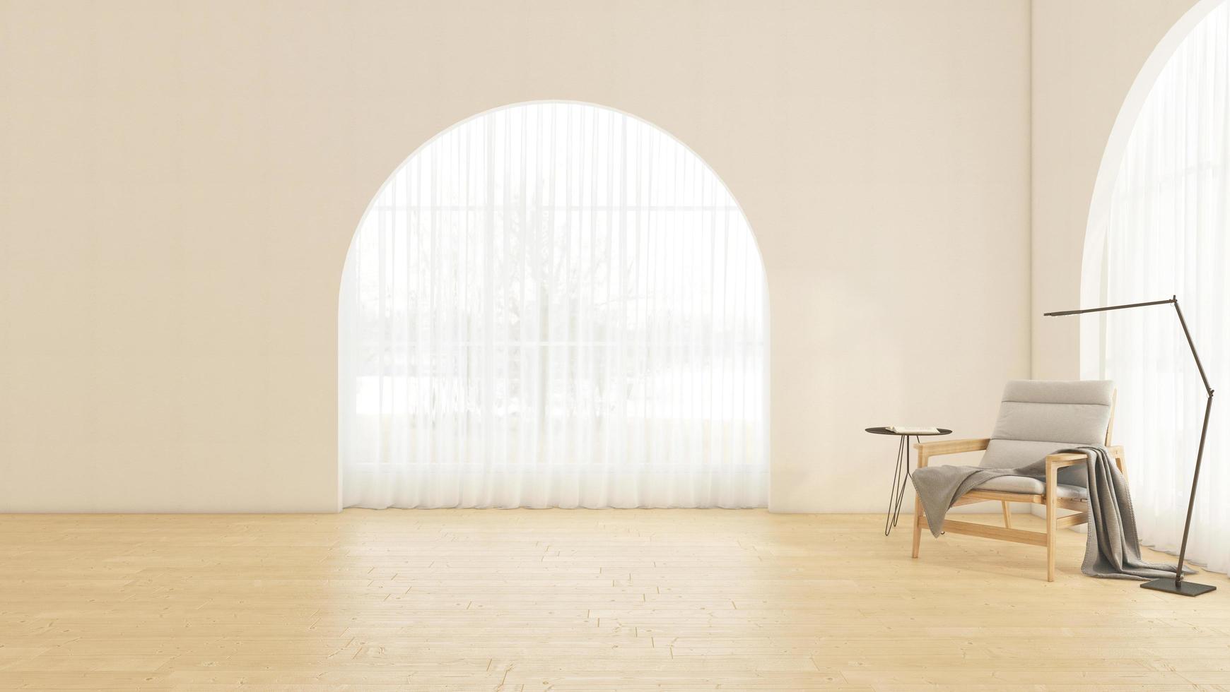 Empty room with arched window and white wall, Minimalist armchair and side table, floor lamp. 3D rendering photo