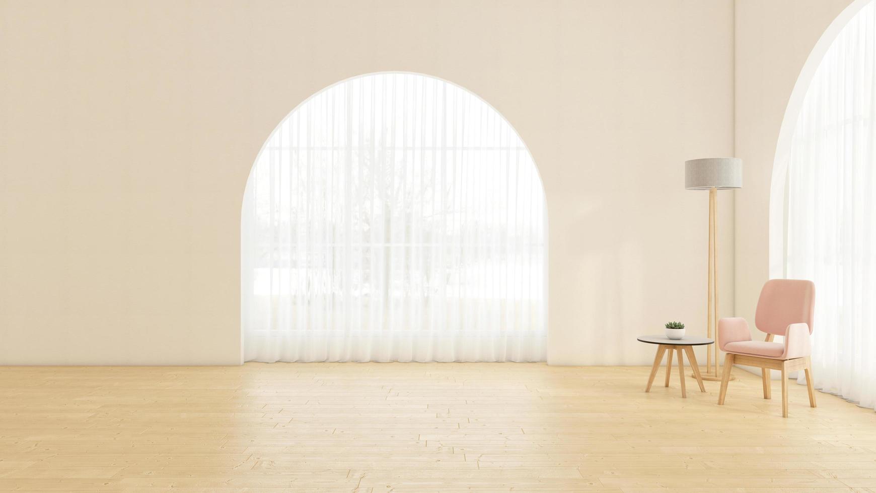 Empty room with arched window and white wall, Minimalist armchair and side table, floor lamp. 3D rendering photo