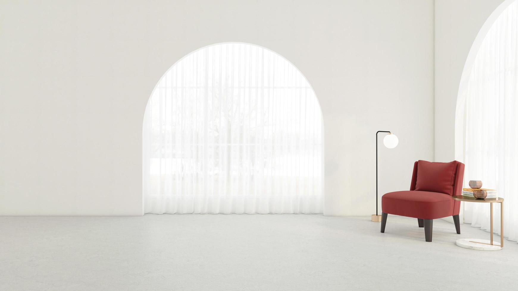 habitación vacía con ventana arqueada y pared blanca, sillón de lujo y mesa auxiliar, lámpara de suelo. representación 3d foto