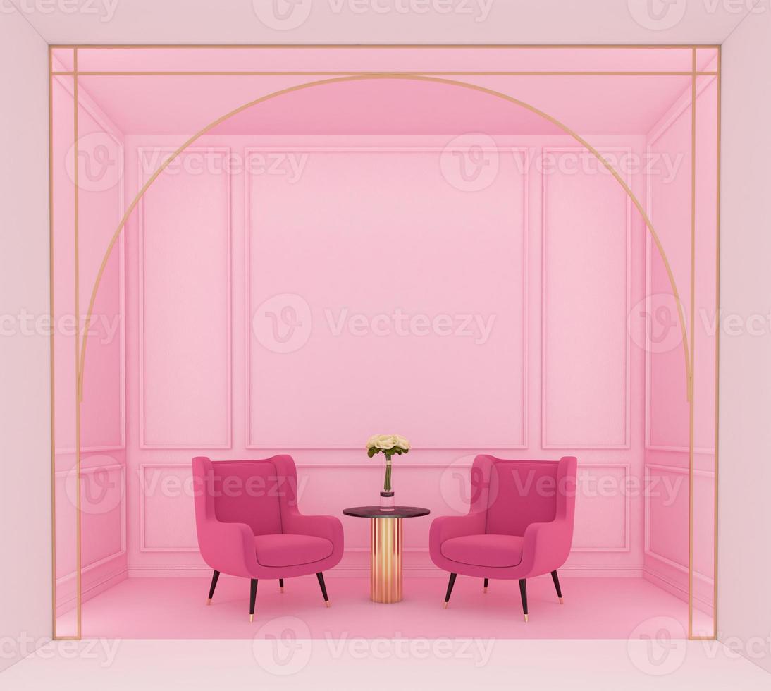 Luxurious pink living room with pink armchairs and light pink wall cornices. 3D rendering photo