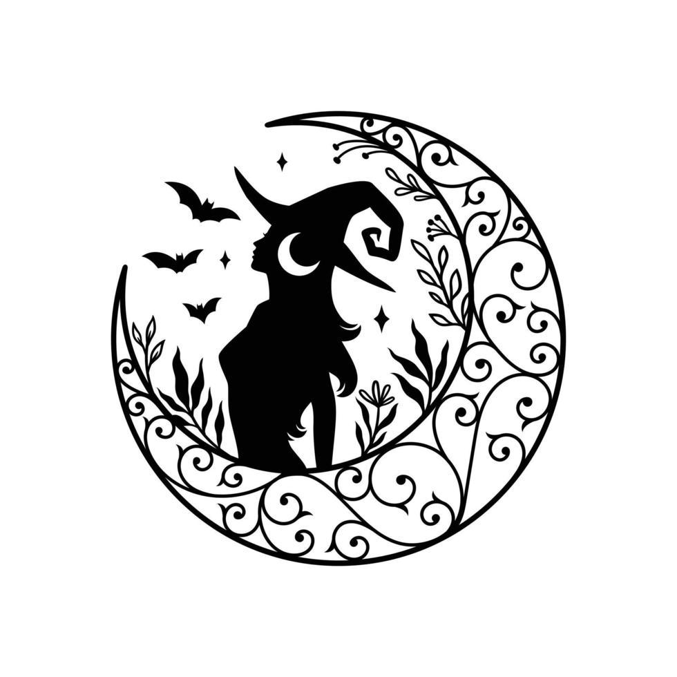 Silhouette of beautiful young witch with crescent moon decoration vector