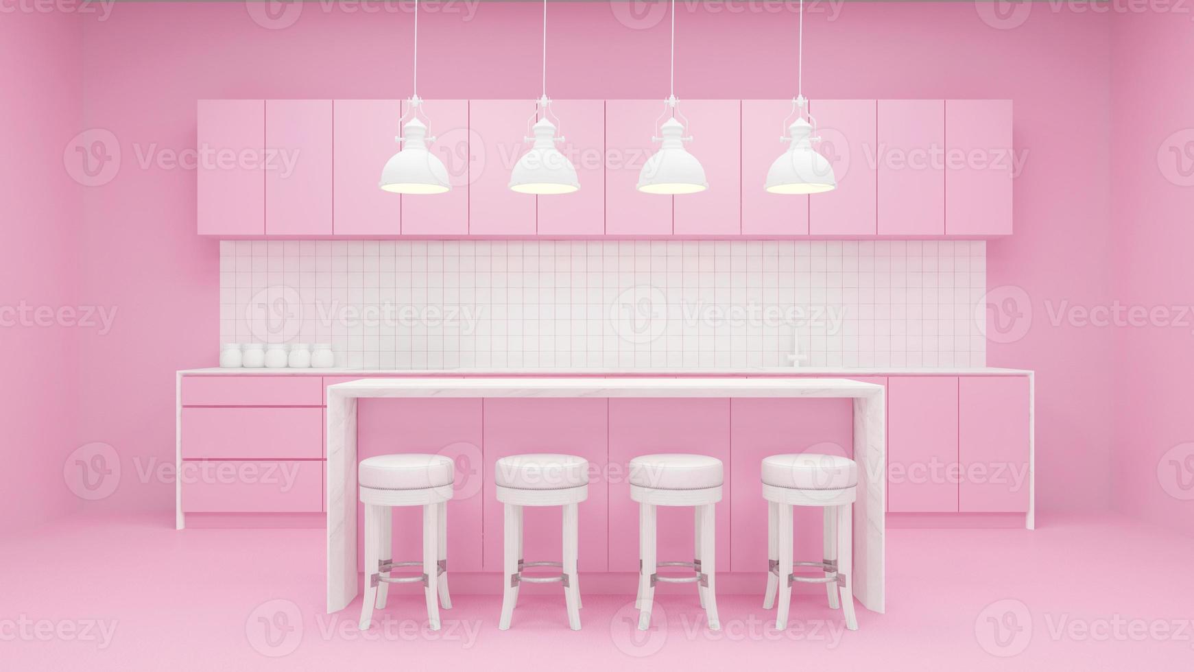 Pink kitchen backdrop with built-in furniture. 3D rendering photo