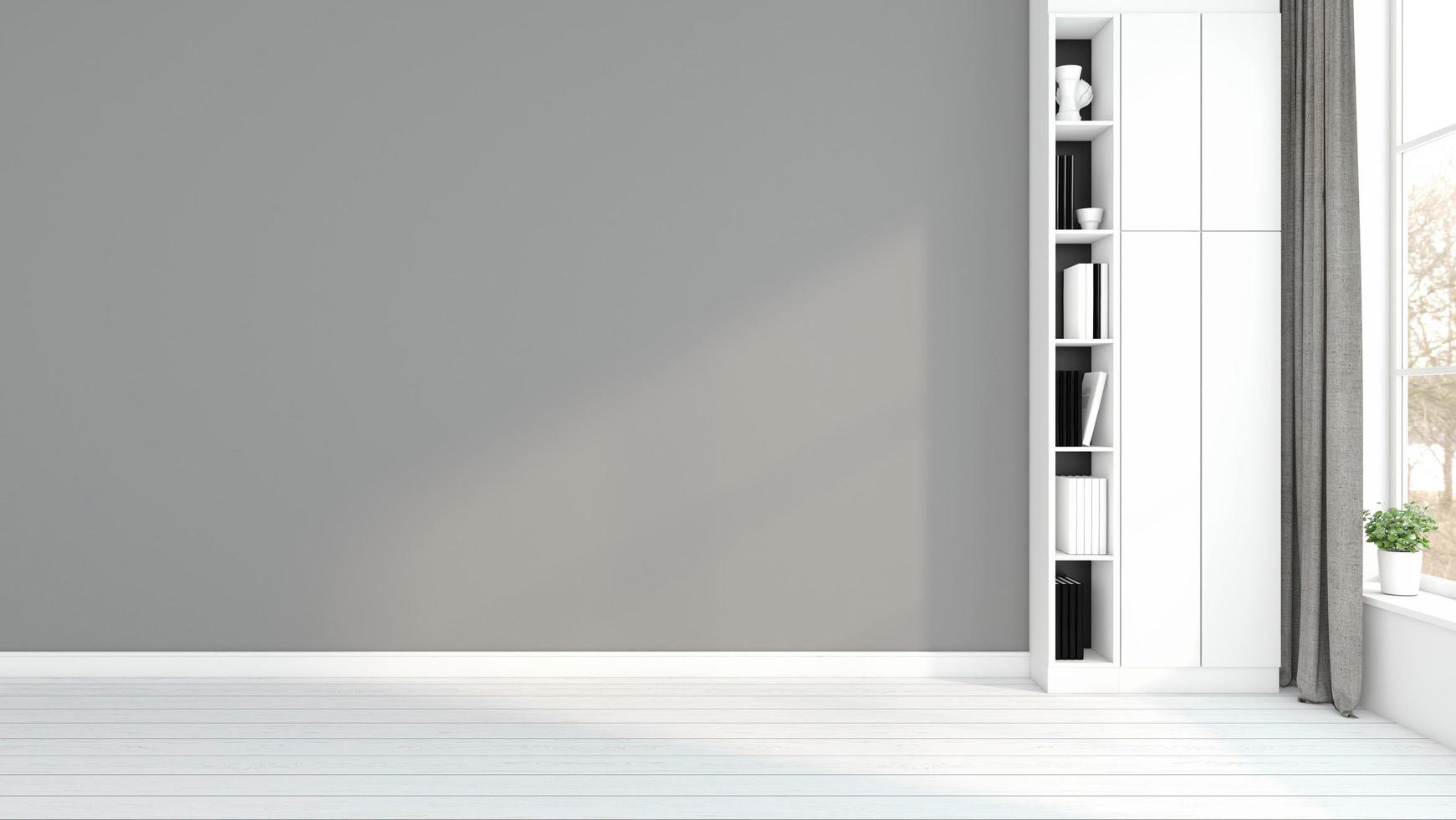 Minimalist empty room with gray wall and bookshelf. 3d rendering photo