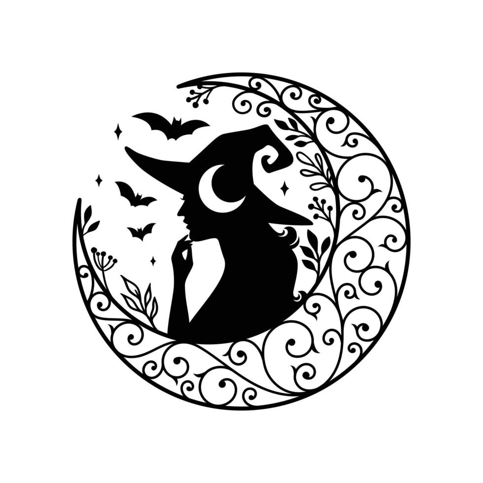 Silhouette of beautiful young witch with crescent moon decoration vector