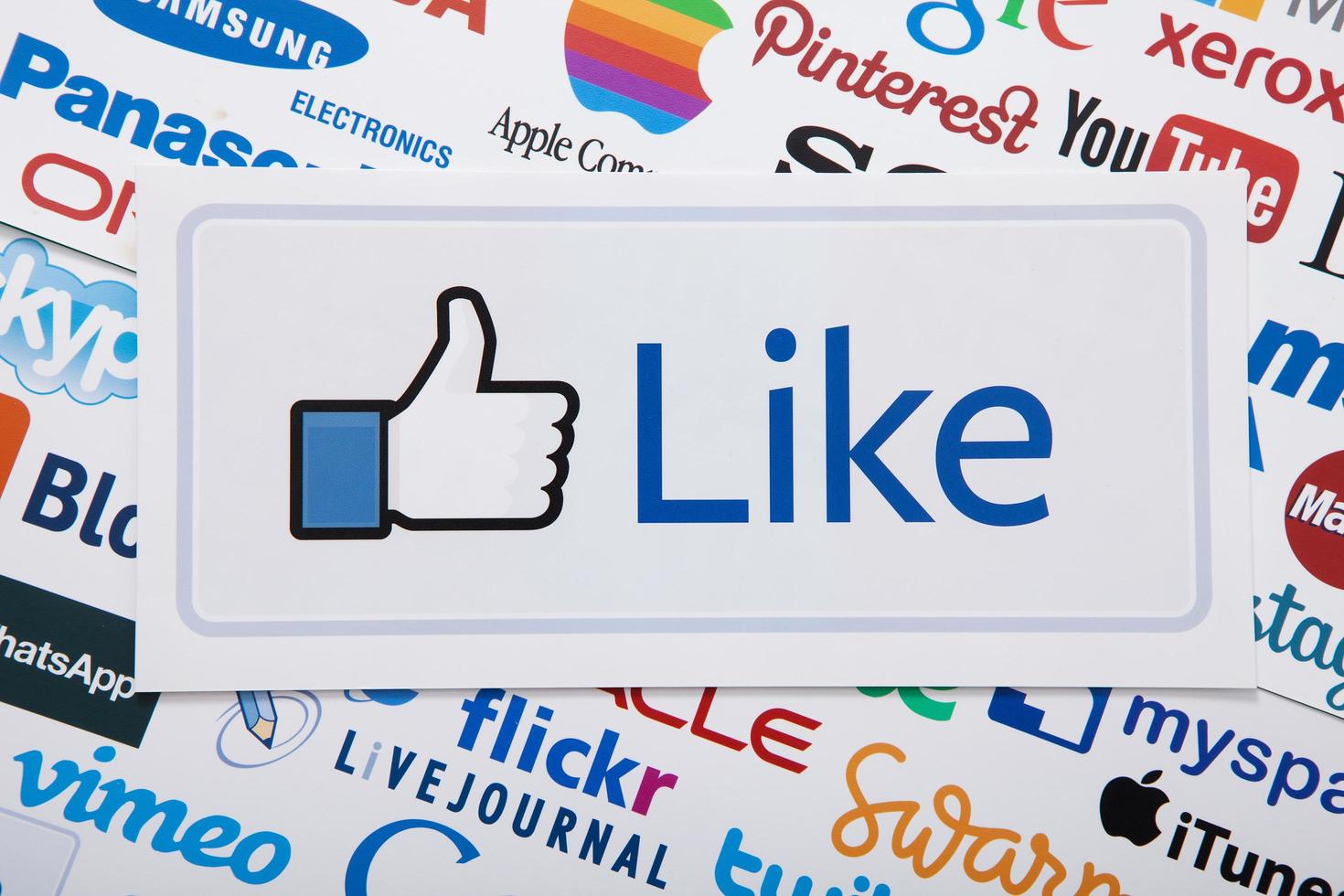 KIEV, UKRAINE - MARCH 10, 2017. Facebook Big Like, Pinterest, Livejournal, Google, Twitter logos printed on paper. Top view and Mock up. photo