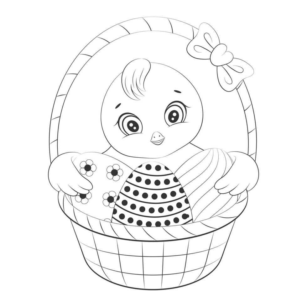 Cute Easter chicken with eggs. Happy Easter. Fun character. Cartoon style. Coloring book. Vector illustration. Isolated on white. Monochrome image.