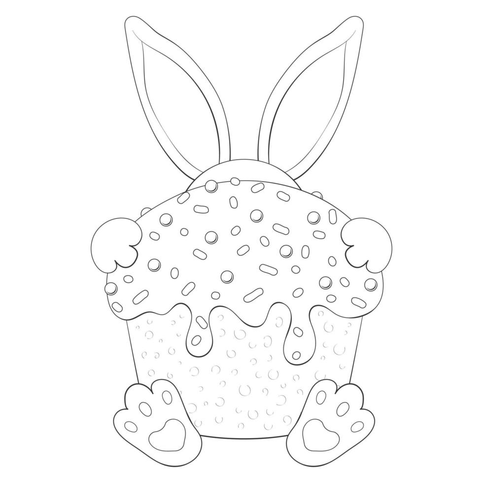 Cute bunny with easter cake. Happy Easter. Fun character. Outline. Coloring book. Vector illustration. Isolated on white. Monochrome image.