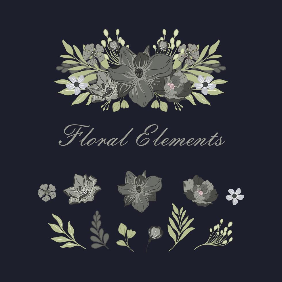 conjunto floral con hojas y flores, elementos para tus composiciones tarjetas de boda vector