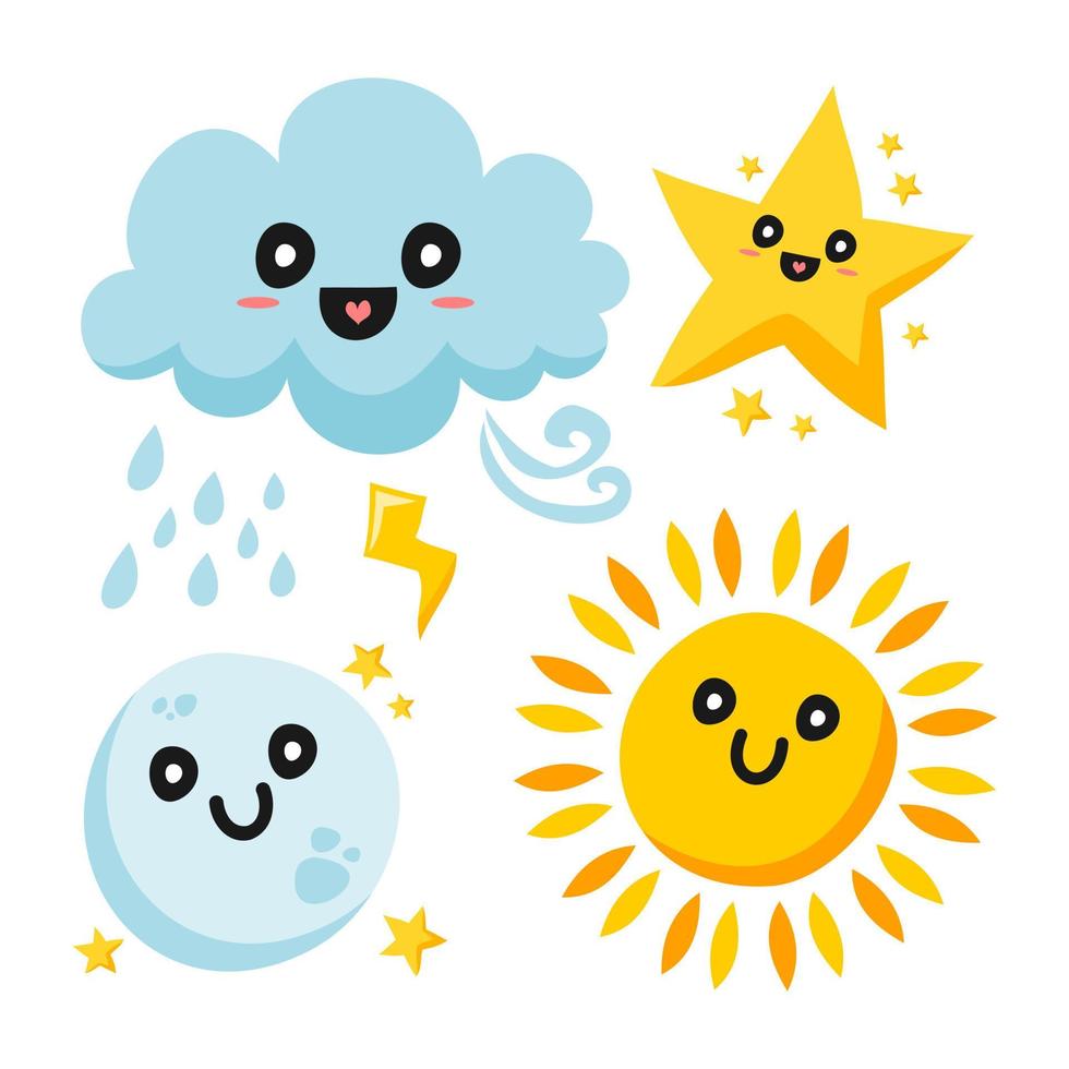 cute illustration of sun, moon, star, cloud and moon. vector set with cartoon style.