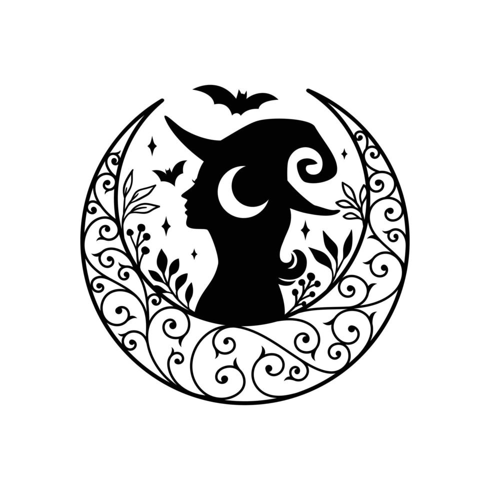 Silhouette of beautiful young witch with crescent moon decoration vector