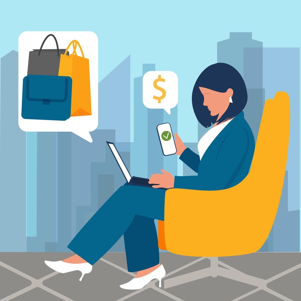 A business woman makes purchases in an online store, pays for an order through an network payment system. Shopping cart on site. Girl with a laptop sitting in a chair. Big window background vector