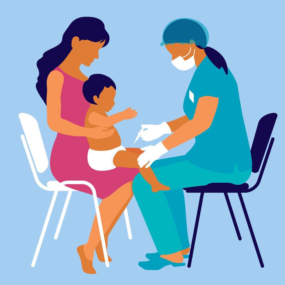 A nurse in a mask in a medical suit, gloves, mask makes an injection of a vaccine for immunization to a child. Protection against the spread of the virus. Mom is holding a baby. Checkup concept. vector