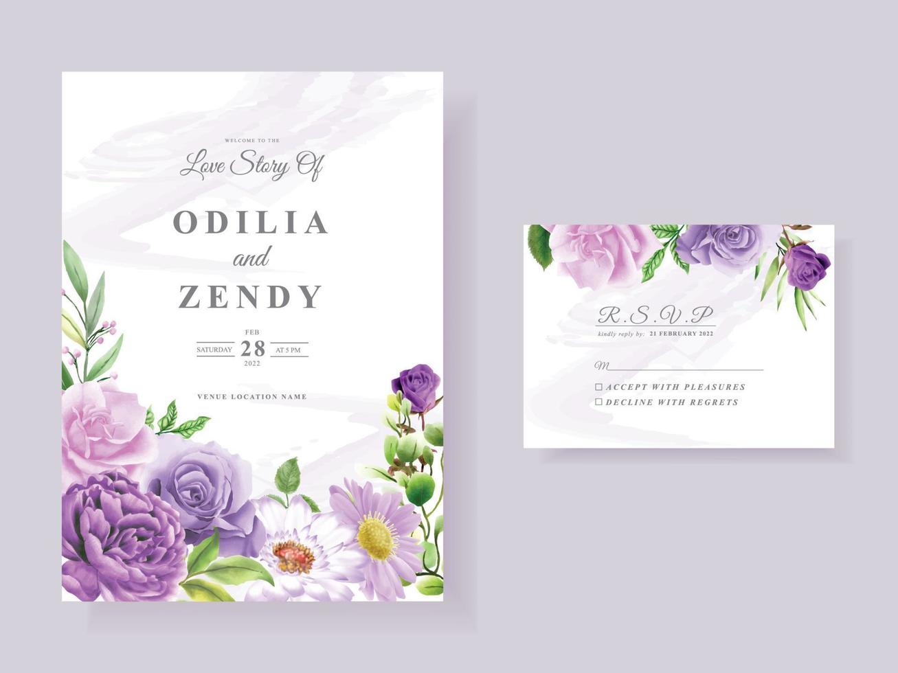hermosa plantilla de tarjeta de invitación de boda floral púrpura vector