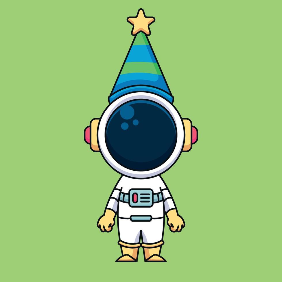 astronauta con sombrero de cumpleaños, linda ilustración de icono de dibujos animados vector