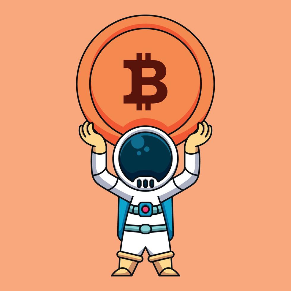Astronaut lifting bitcoin cryptocurrency coin, cute cartoon icon illustration vector