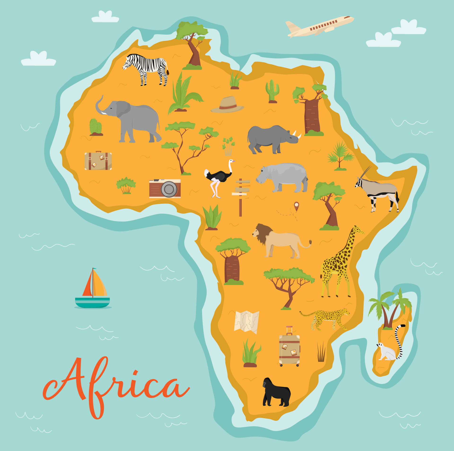 Desanimarse lámpara Ciro mapa de áfrica con animales y plantas salvajes. iconos de viaje. cebra,  jirafa, elefante, hipopótamo, avestruz, jirafa, león, guepardo, lémur,  rinoceronte, antílope. baobab y palmeras. 5728788 Vector en Vecteezy
