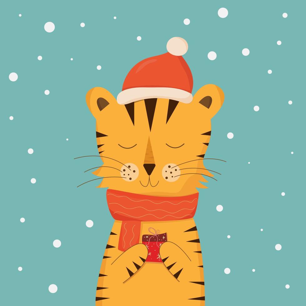 el símbolo del nuevo año 2022 es el tigre. tigre de navidad con sombrero de año nuevo. estilo de dibujos animados lindo tarjeta de vacaciones para su diseño vector