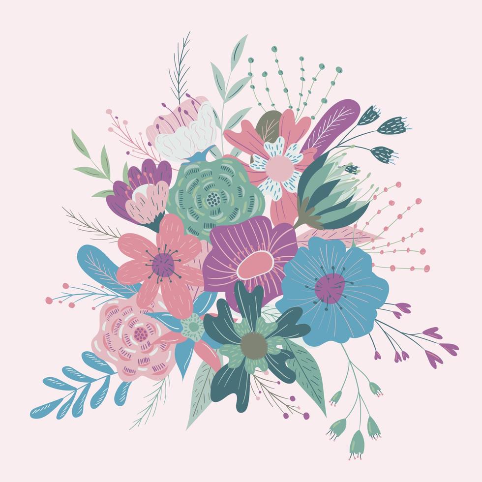 Wild and garden blooming flowers in vases. Bundle of bouquet. Decorative floral design elements. Flat cartoon vector illustration.