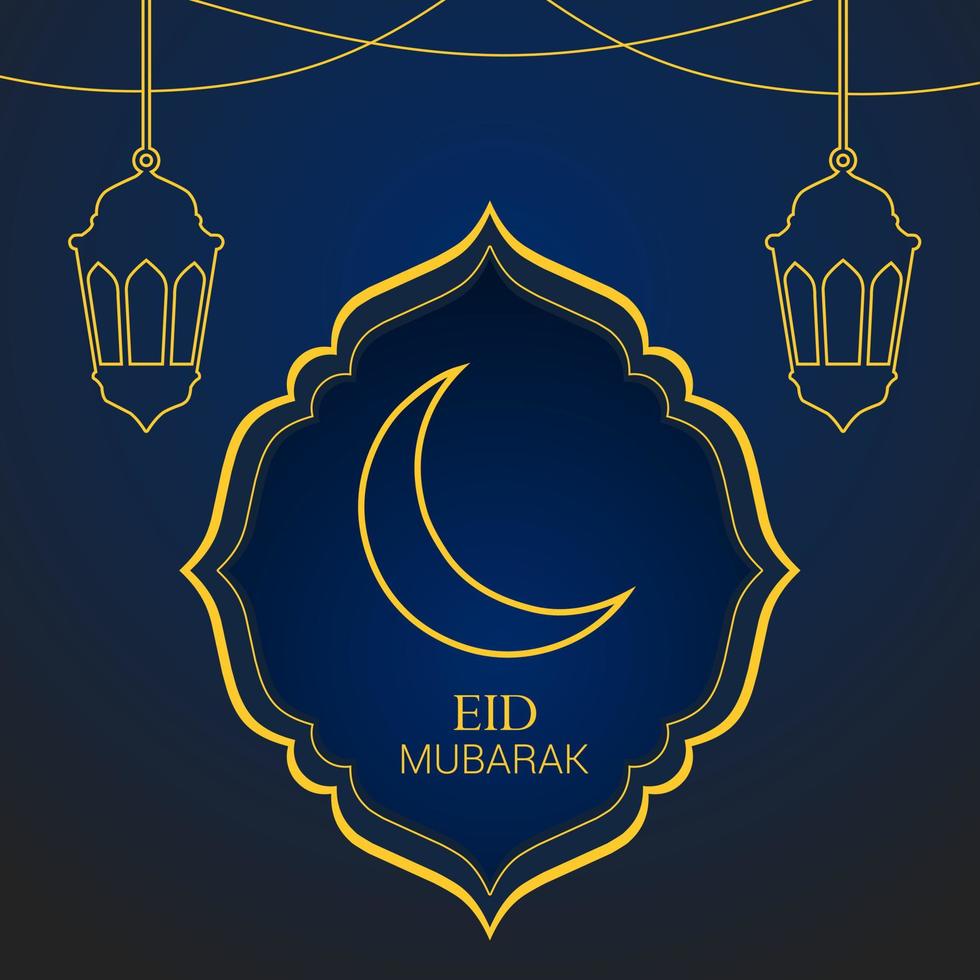 Eid al-Fitr greetings design. Eid mubarak simple background with crescent moon and lantern. Vector illustration