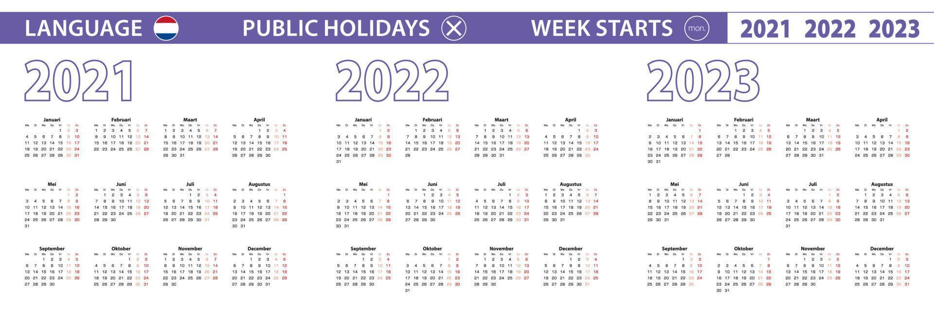 Simple calendar template in Dutch for 2021, 2022, 2023 years. Week starts from Monday. vector
