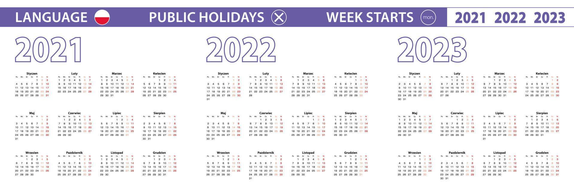 plantilla de calendario simple en polaco para 2021, 2022, 2023 años. la semana comienza a partir del lunes. vector