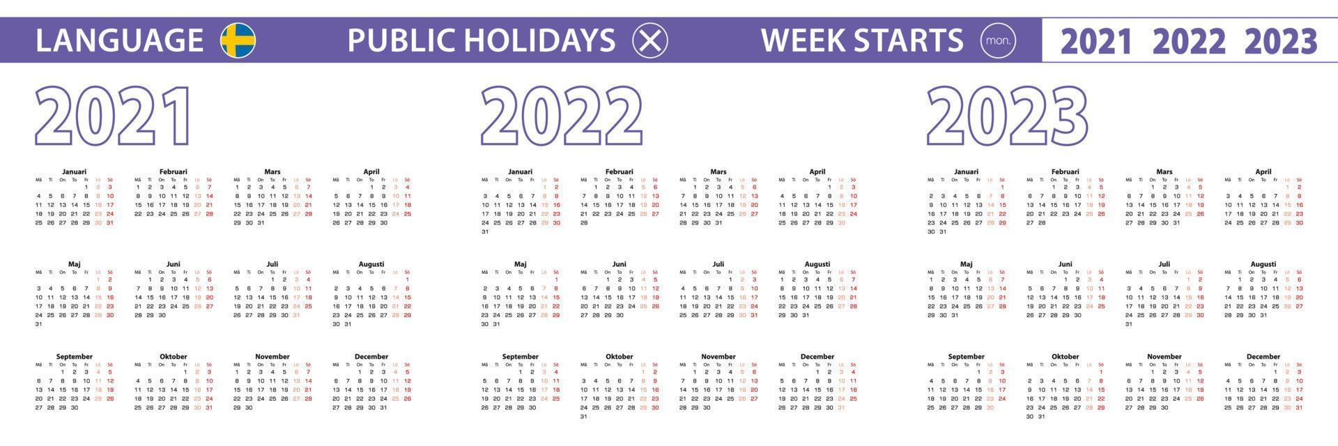 Simple calendar template in Swedish for 2021, 2022, 2023 years. Week starts from Monday. vector