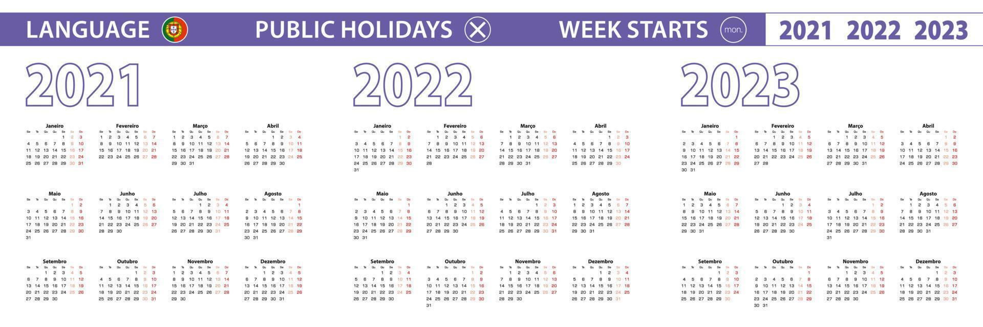 Simple calendar template in Portuguese for 2021, 2022, 2023 years. Week starts from Monday. vector