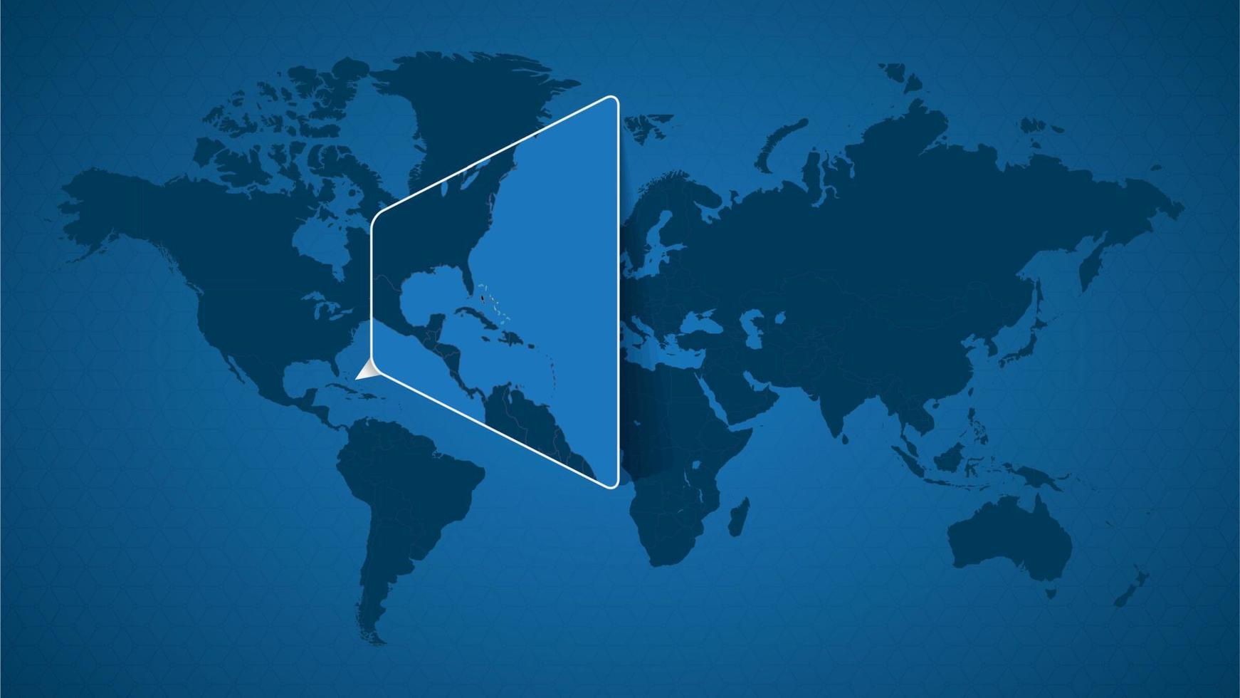 Detailed world map with pinned enlarged map of The Bahamas and neighboring countries. vector