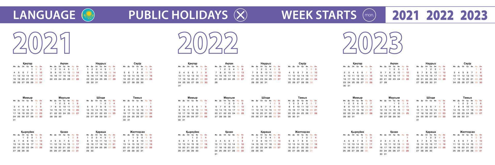 Simple calendar template in Kazakh for 2021, 2022, 2023 years. Week starts from Monday. vector