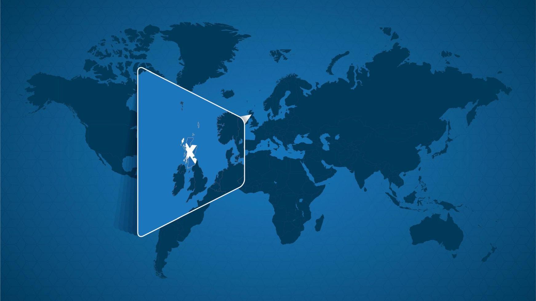 Detailed world map with pinned enlarged map of Scotland and neighboring countries. vector