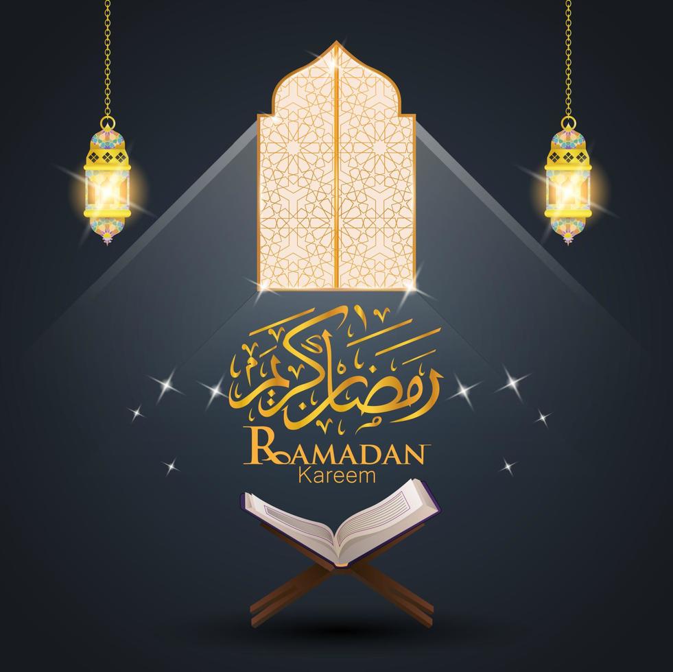 Ramadan Kareem background design. beautiful golden calligraphic , shiny window and Al-Quran vector