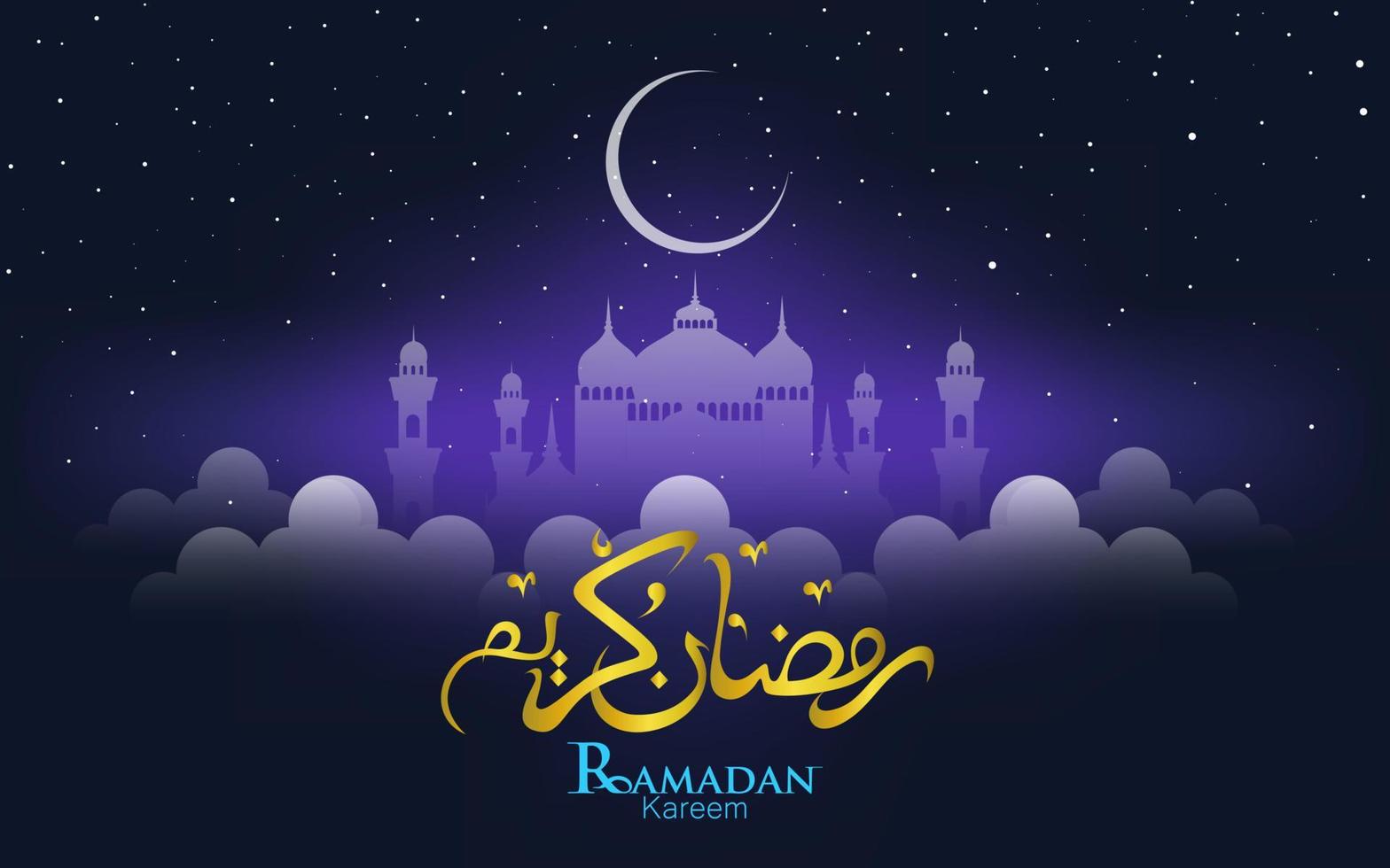 ramadán kareem. diseño islámico con caligrafías dibujadas a mano, luna creciente y mezquita vector