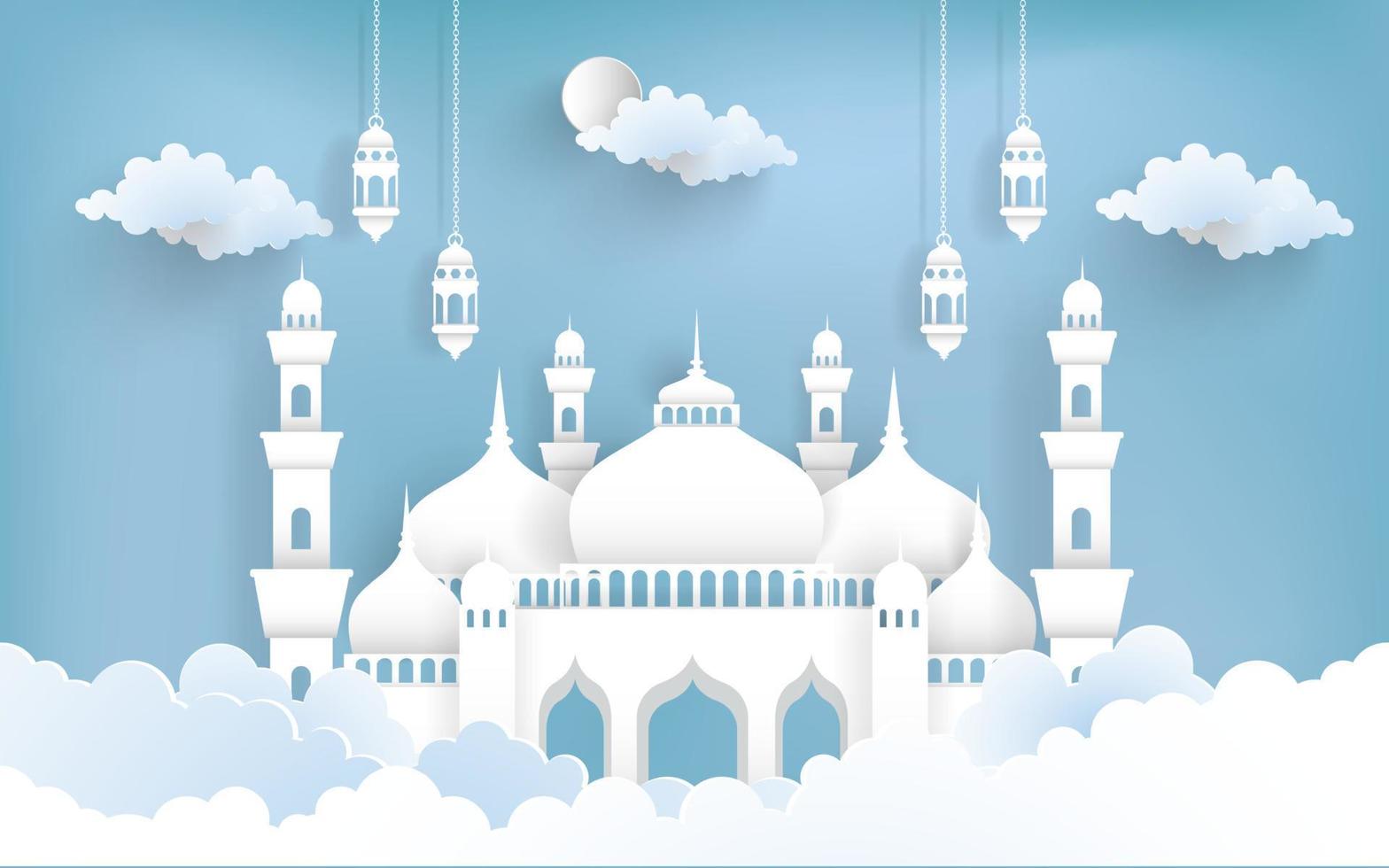 Ramadan Kareem with illustrations of mosques and lanterns. beautiful paper art style. vector