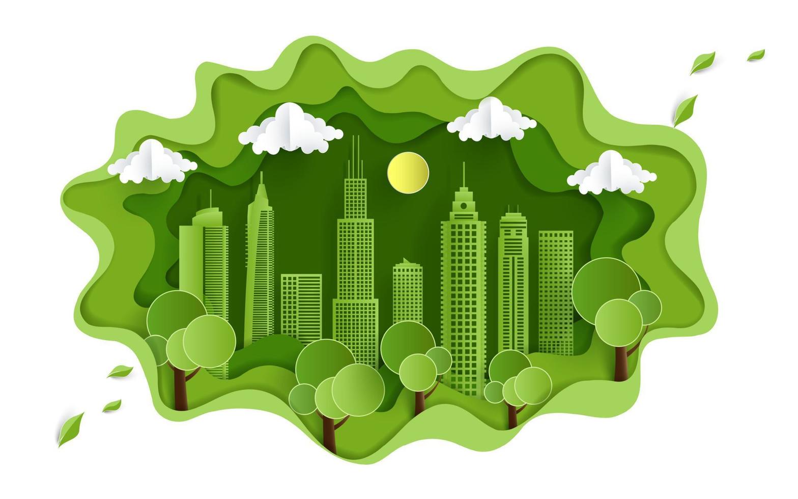 ciudad verde. ilustración con vistas a la hierba, las colinas y la ciudad. diseño de corte de papel ambiental vector
