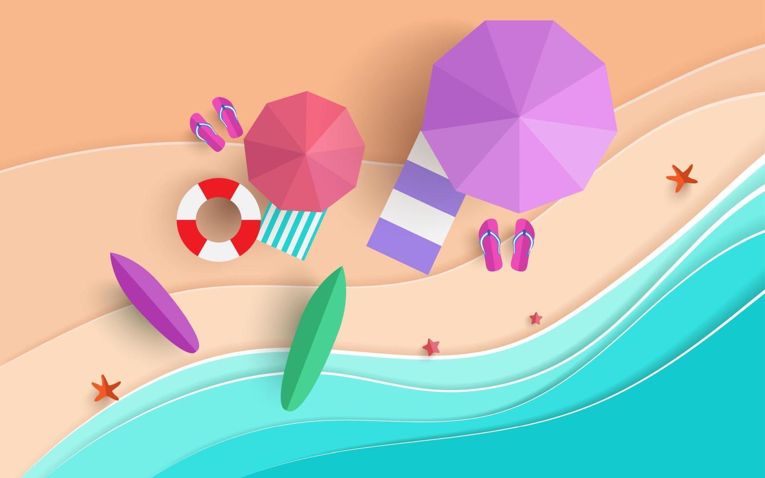 la escena de la playa desde arriba en verano. ilustración vectorial con diseño de corte de papel. Felices fiestas vector