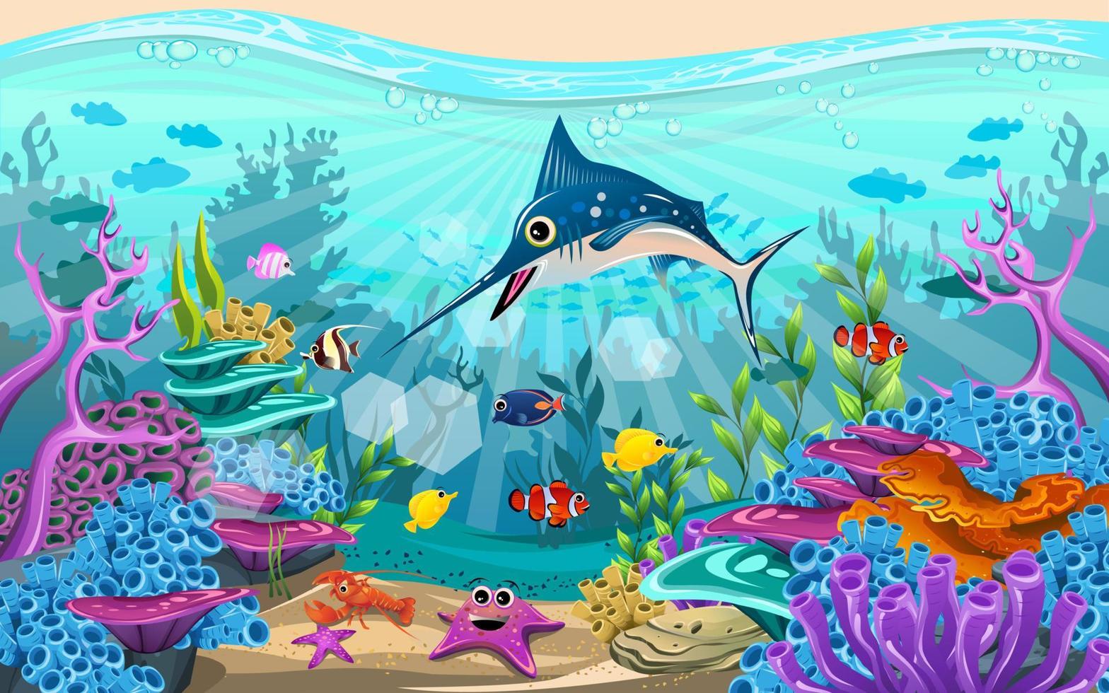 Fish and coral reefs under the sea. The diversity of beautiful habitats vector