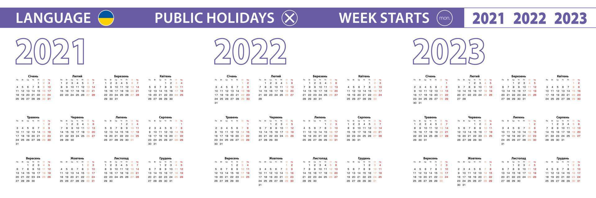 plantilla de calendario simple en ucraniano para 2021, 2022, 2023 años. la semana comienza a partir del lunes. vector