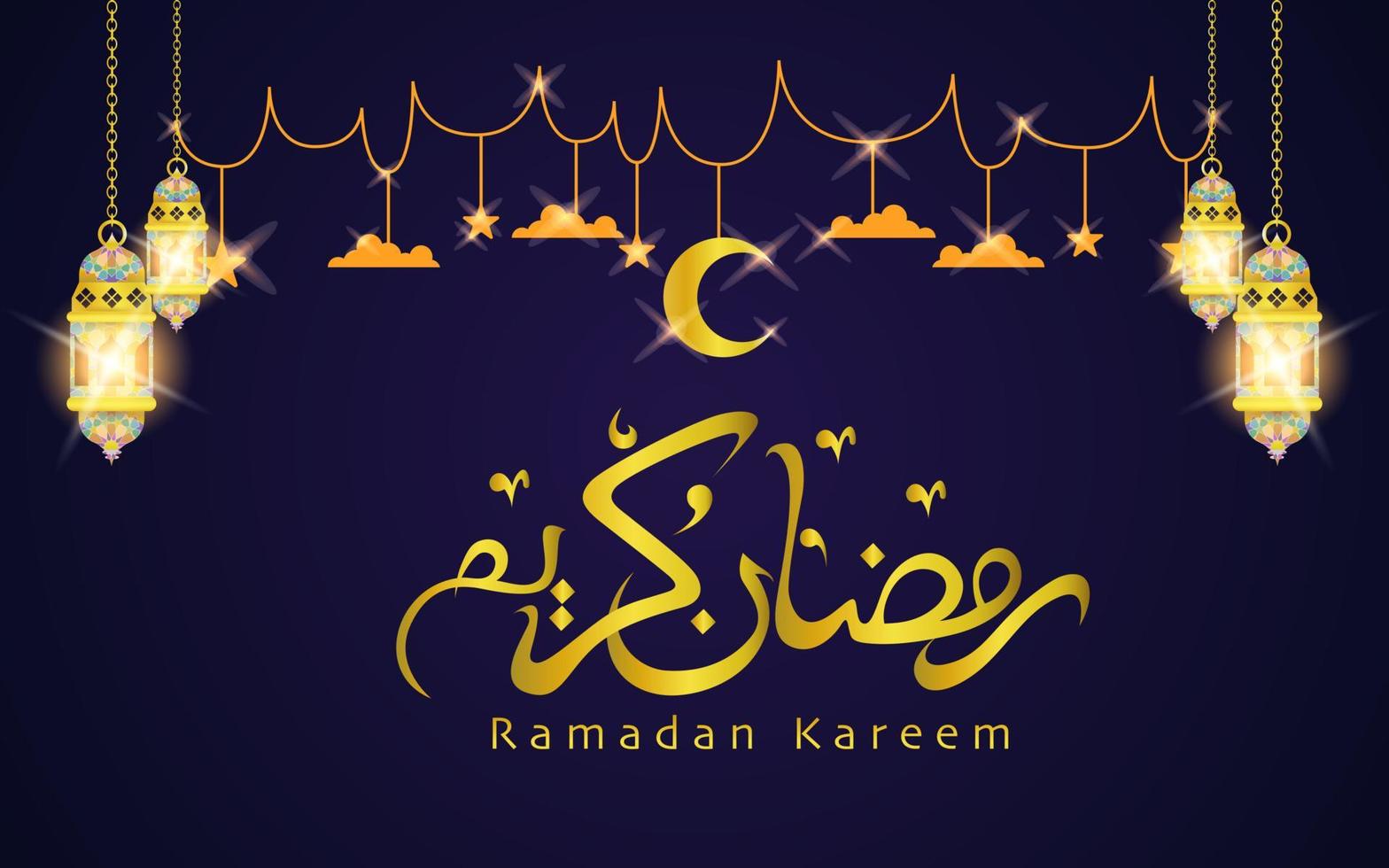 ramadán kareem. diseño islámico con caligrafías dibujadas a mano, luna creciente y linterna vector