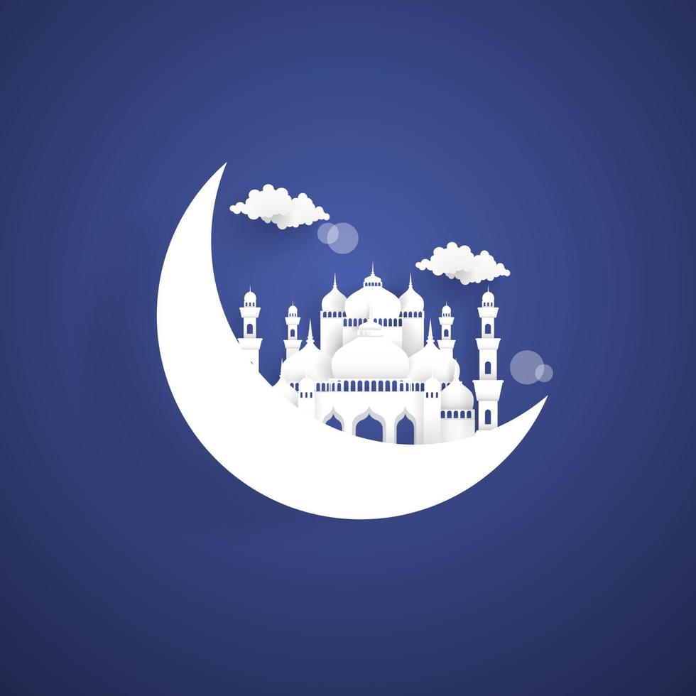 la belleza del ramadán con la ilustración de la mezquita y la luna. hermoso estilo de arte en papel. vector